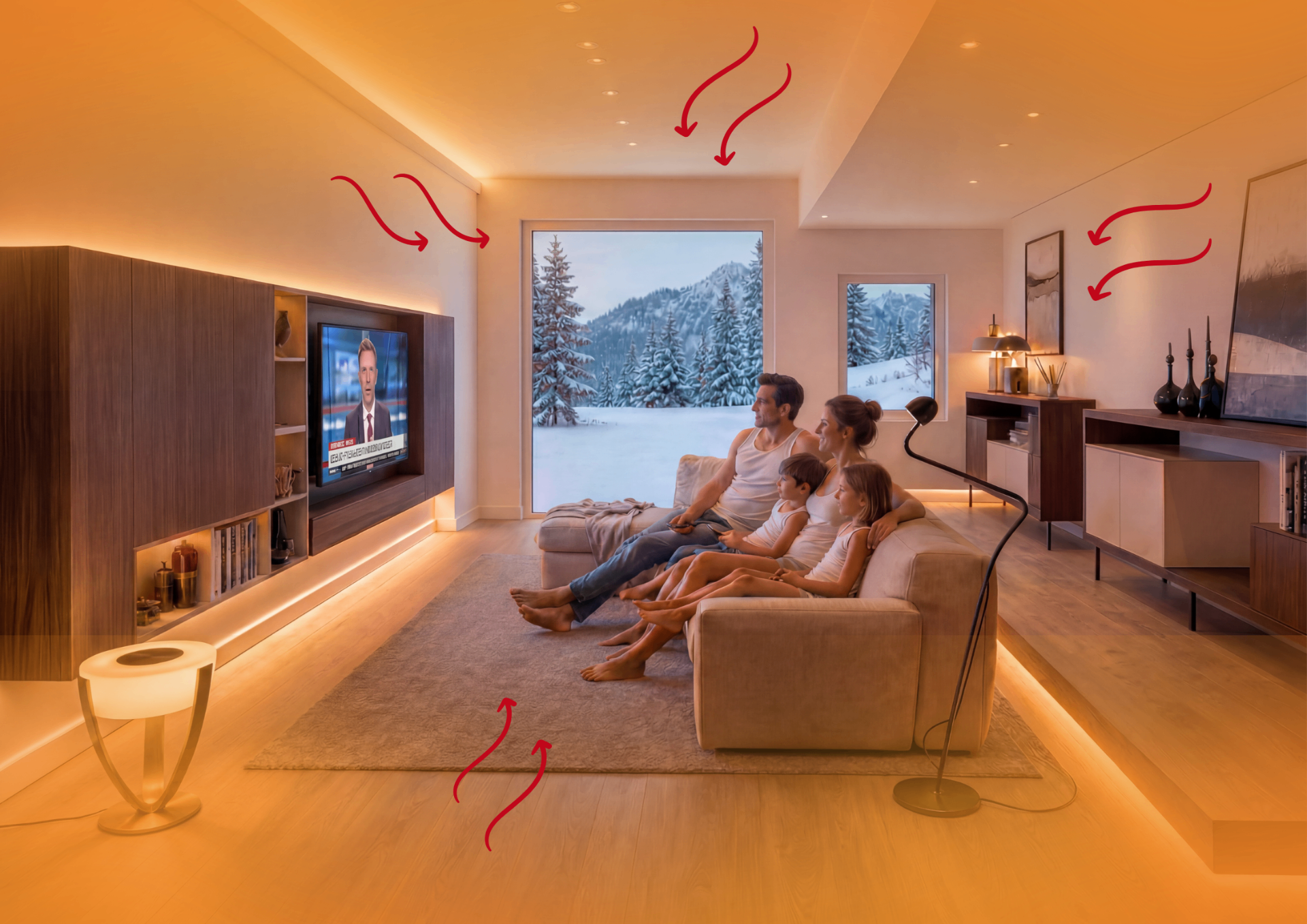 Soggiorno moderno con riscaldamento radiante a soffitto e pavimento
