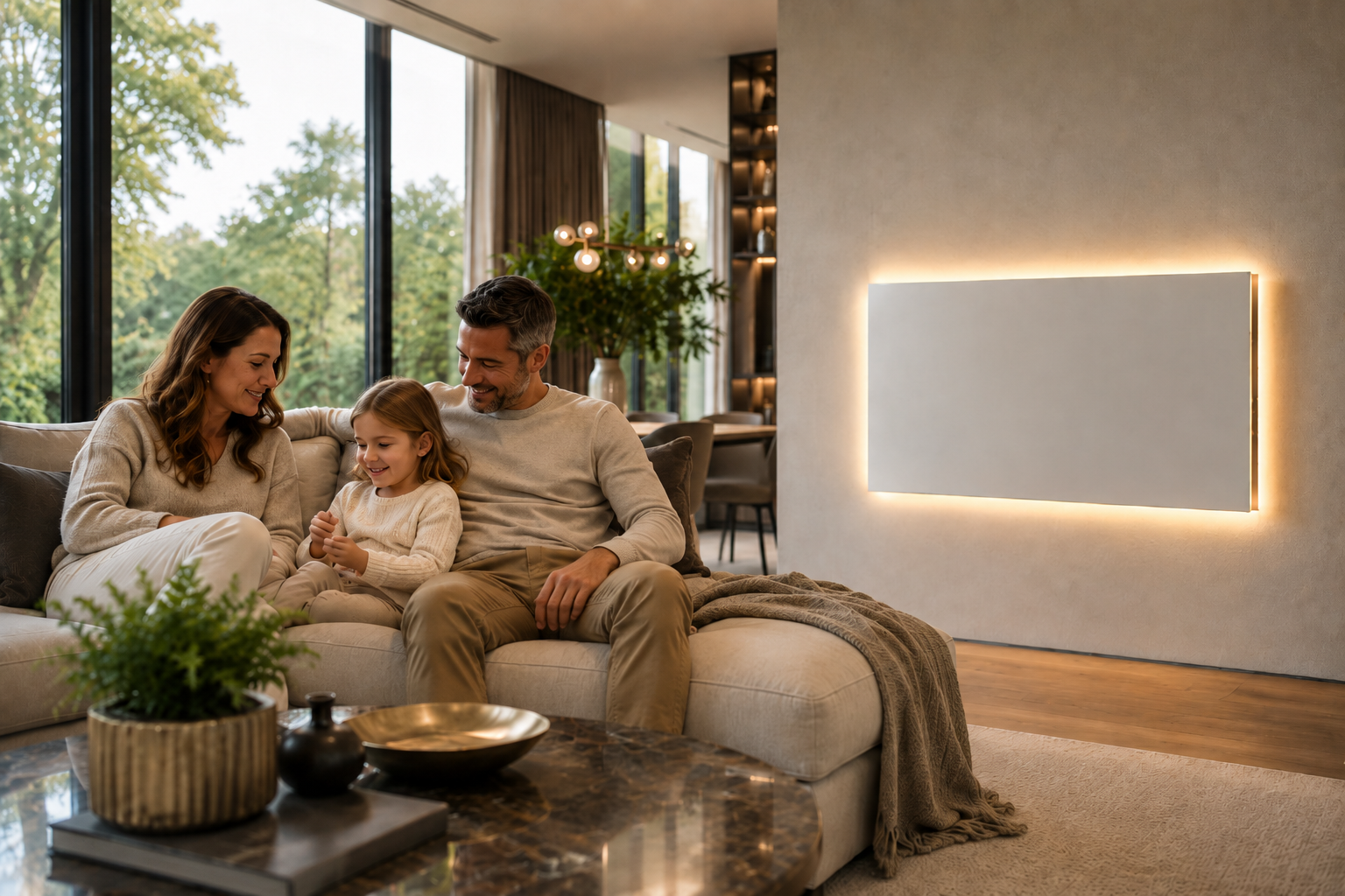 Famiglia in casa moderna luminosa