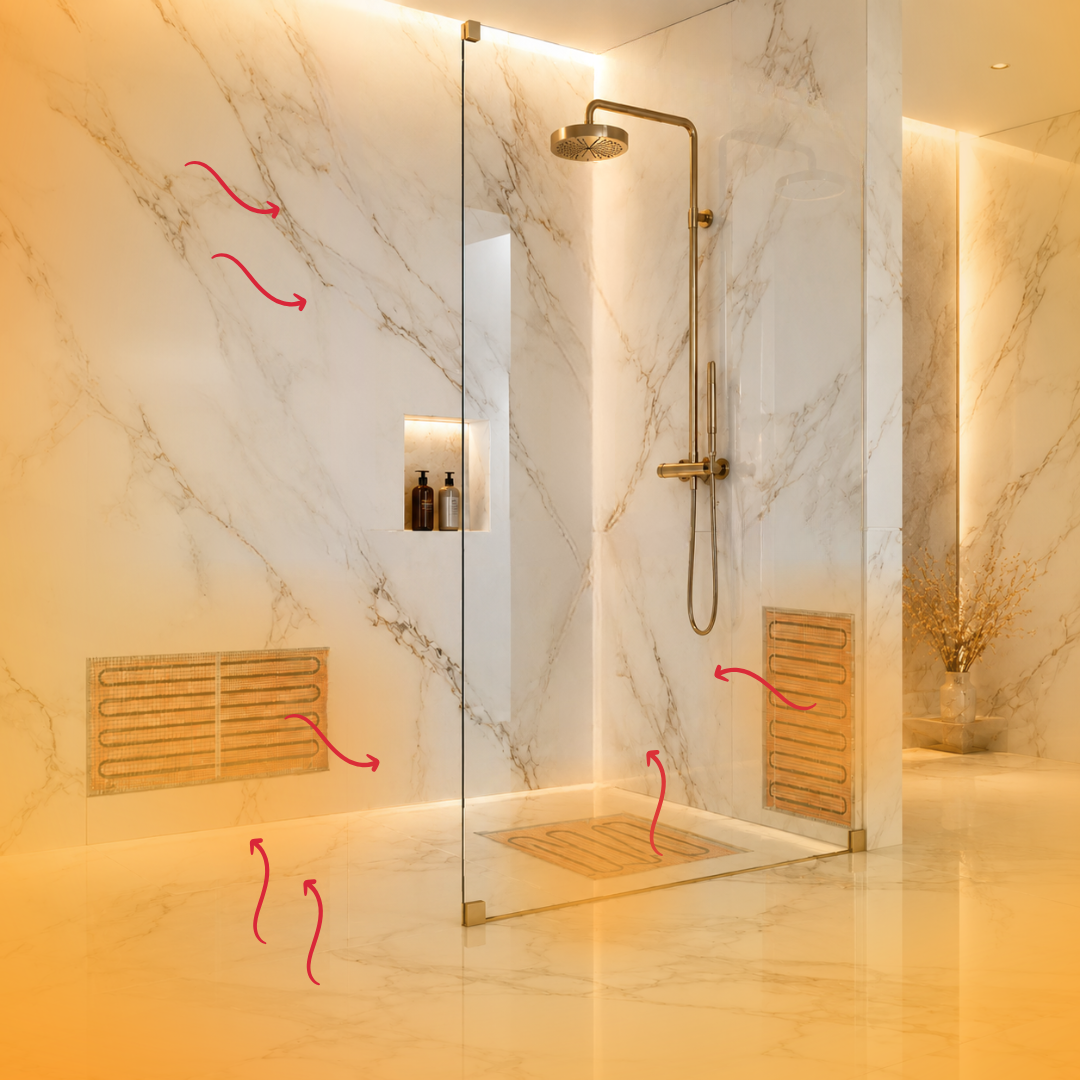 Bagno moderno in marmo con riscaldamento radiante a pavimento e pareti
